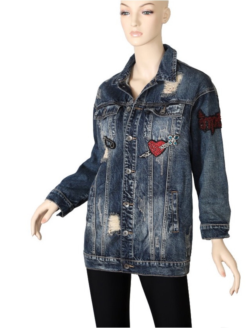 Distressed Embroidered Dark Blue Denim Jacket with Red Heart Patch Crystals S